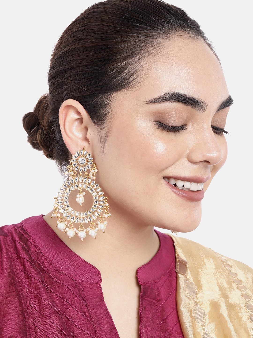 

Peora Off White Gold-Plated Kundan Studded & Beaded Circular Drop Earrings