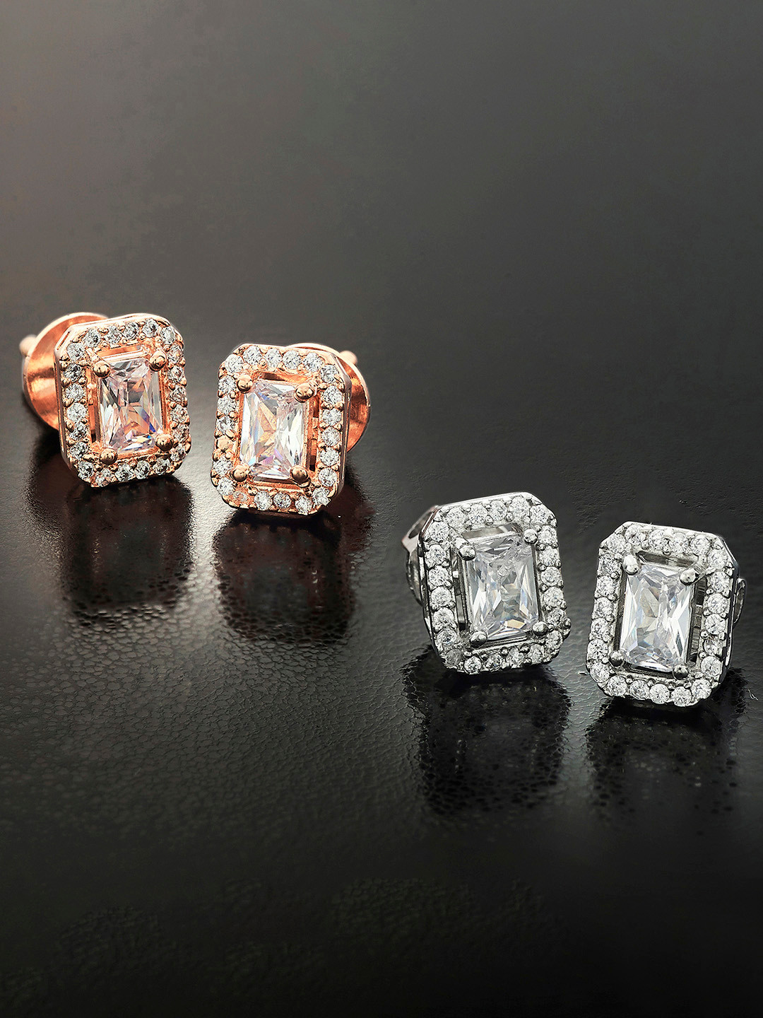 

Peora Pack of 2 Silver-Toned & Rose Gold Rectangular-Shaped Studs Earrings
