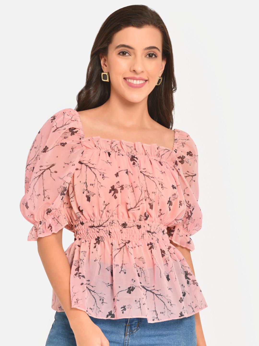 

Martini Peach-Coloured Floral Print Georgette Cinched Waist Top