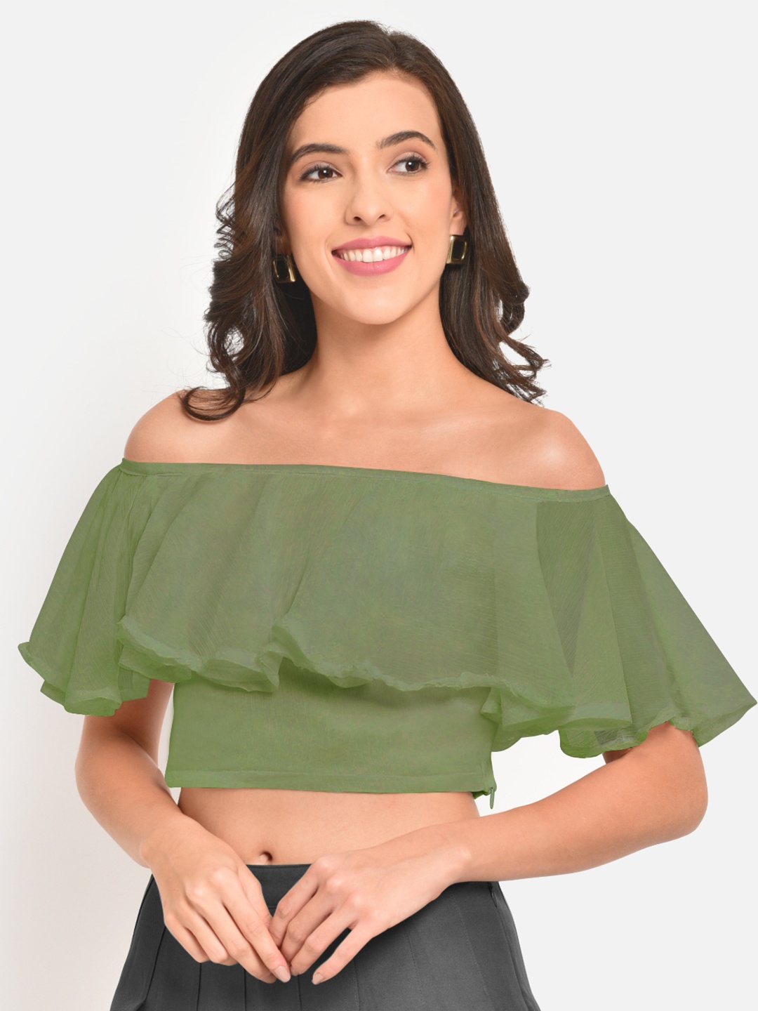 

Martini Women Mint Green Off-Shoulder Layered Chiffon Bardot Crop Top
