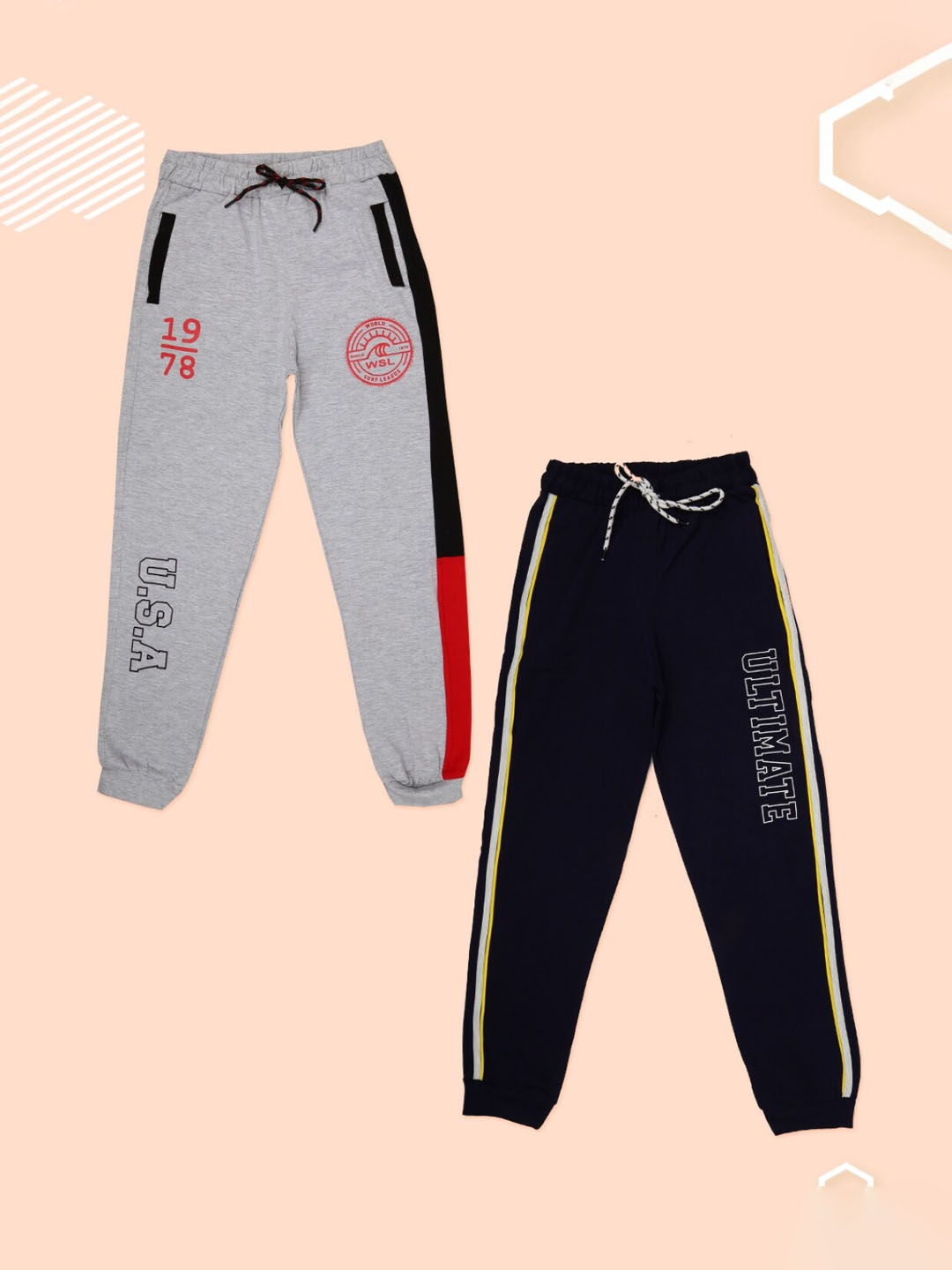 

V-Mart Pack of 2 Boys Navy Blue & Grey Melange Printed Cotton Joggers