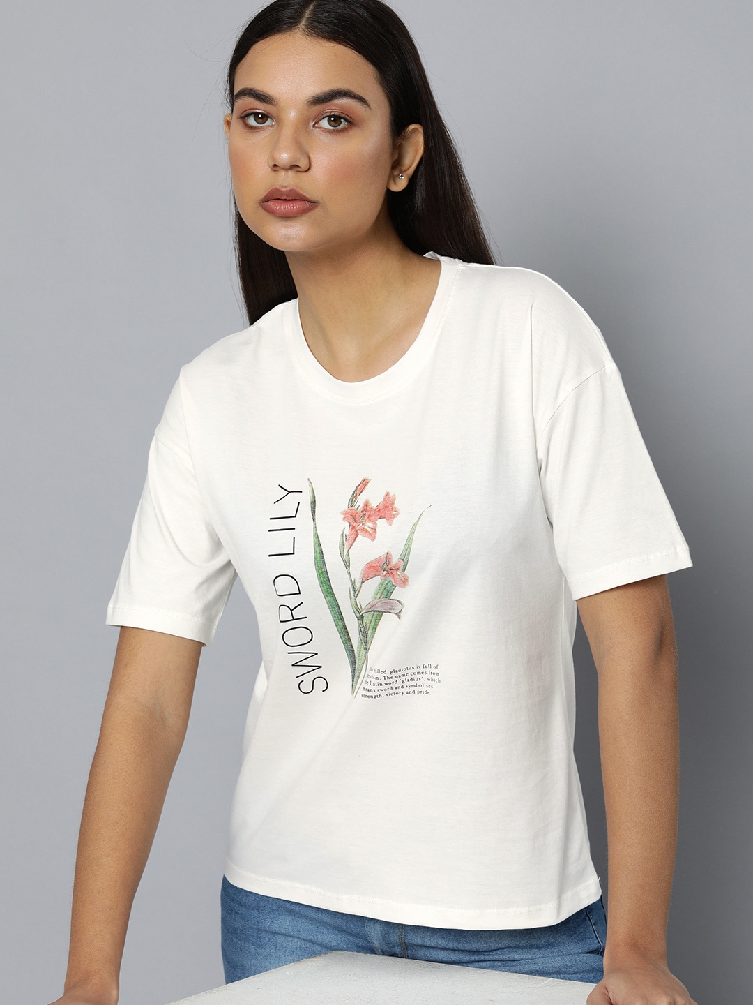 

ether Women White Pure Cotton Typography Printed Drop-Shoulder Sleeves T-shirt