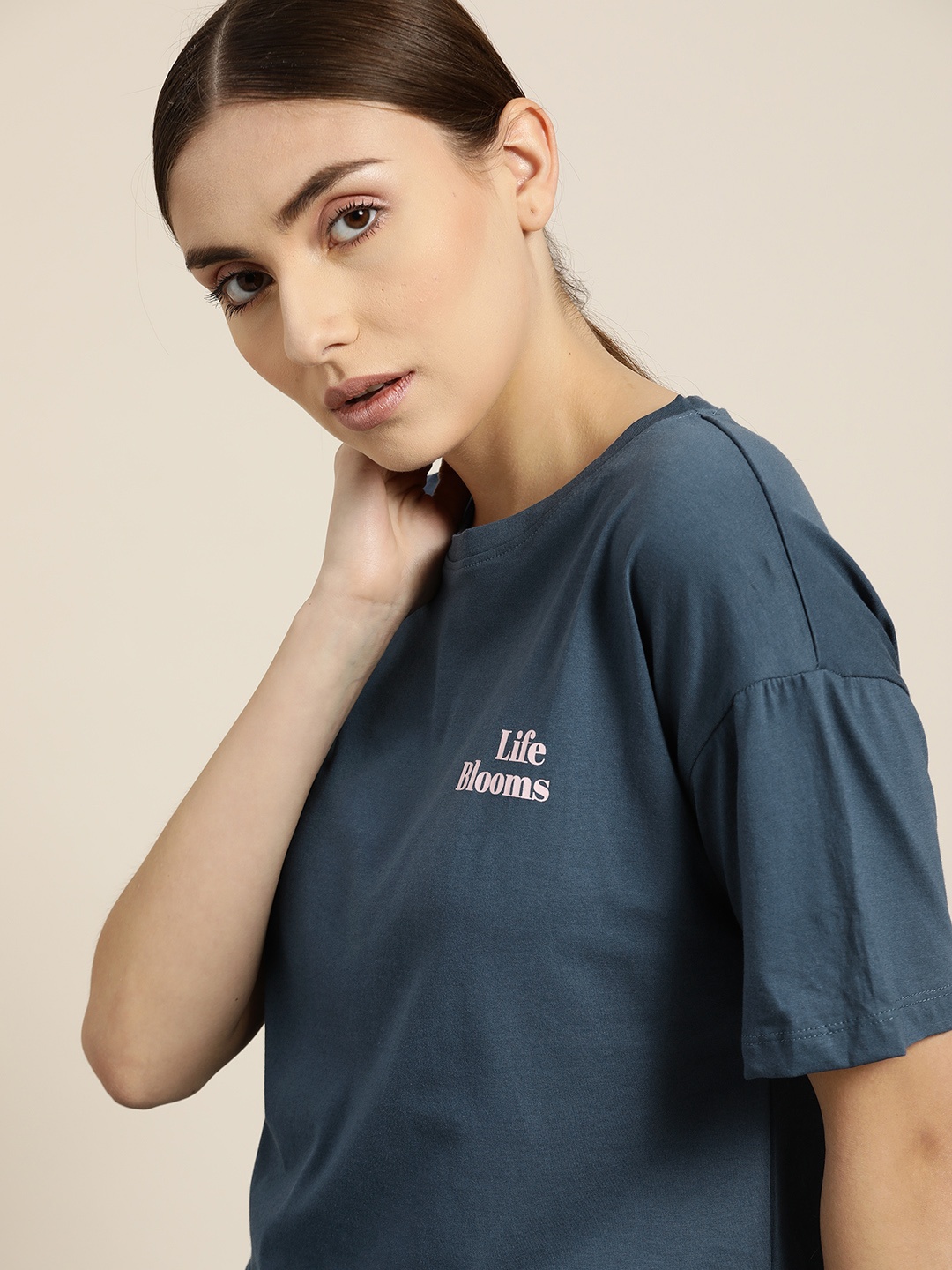 

ether Women Navy Blue Solid Pure Cotton T-shirt