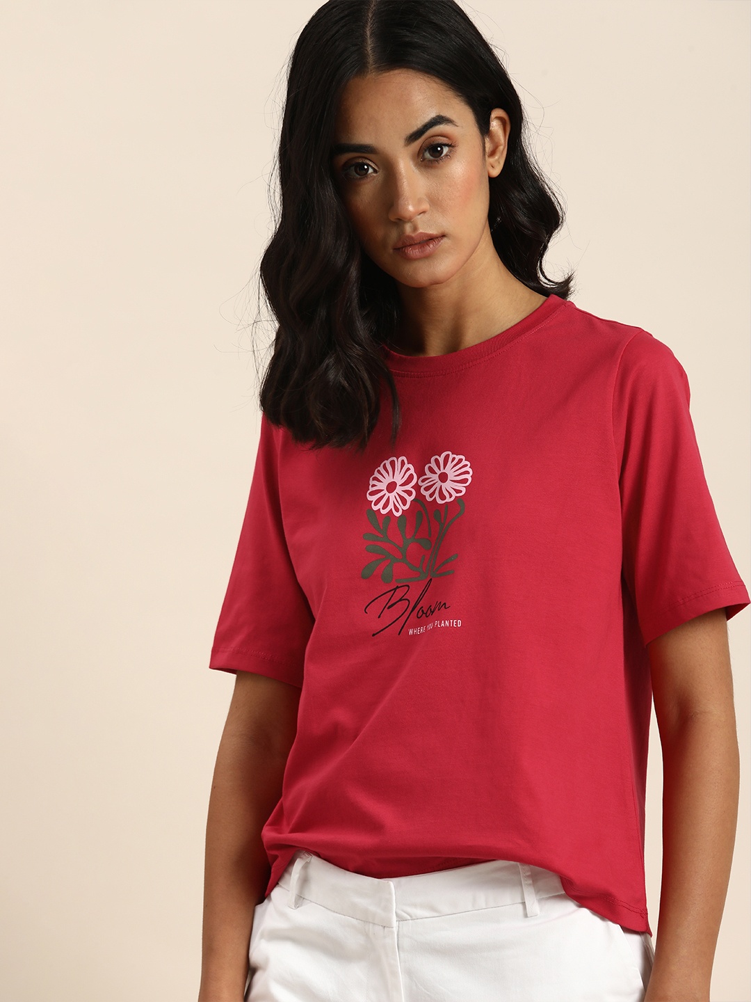 

ether Women Red Floral Printed Pure Cotton Casual T-shirt