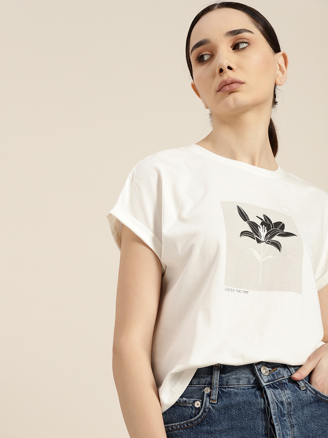 

ether Women White Pure Cotton Floral Print Boxy T-shirt