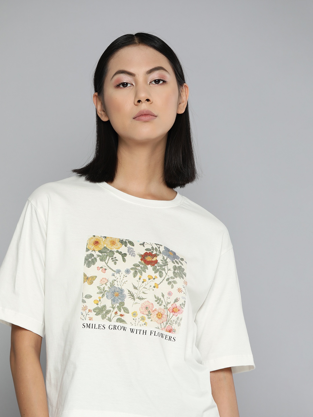 

ether Women Floral Printed Pure Cotton Drop-Shoulder Sleeves T-shirt, Off white