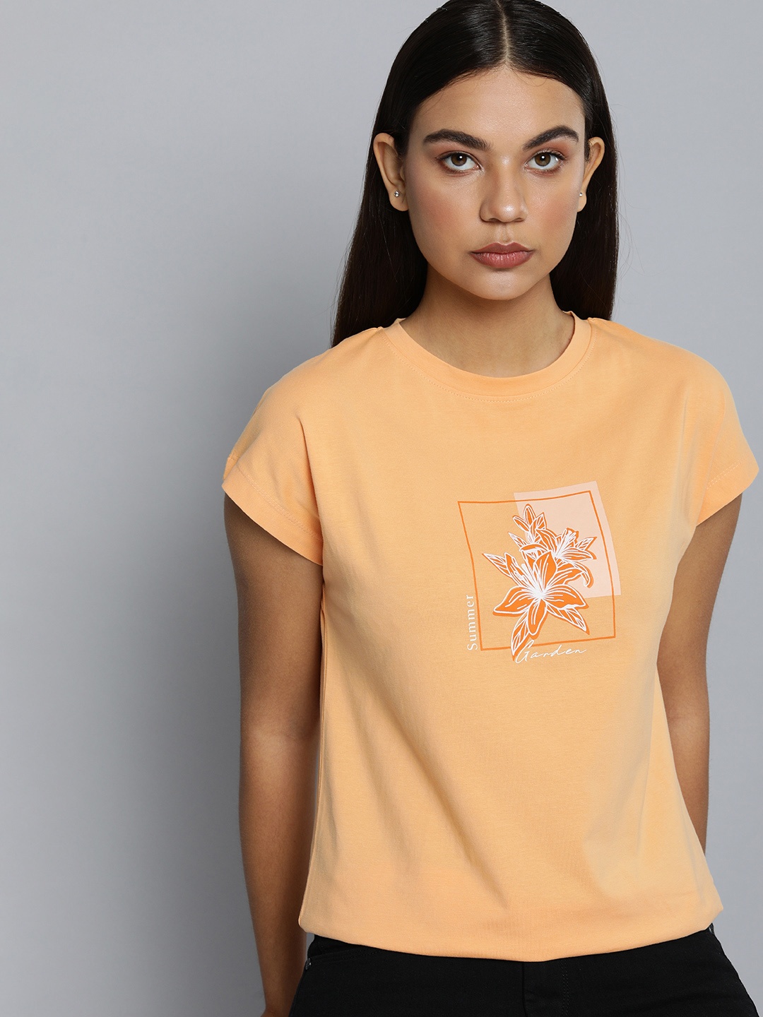 

ether Women Orange Floral Short Sleeves Round Neck Printed T-shirt