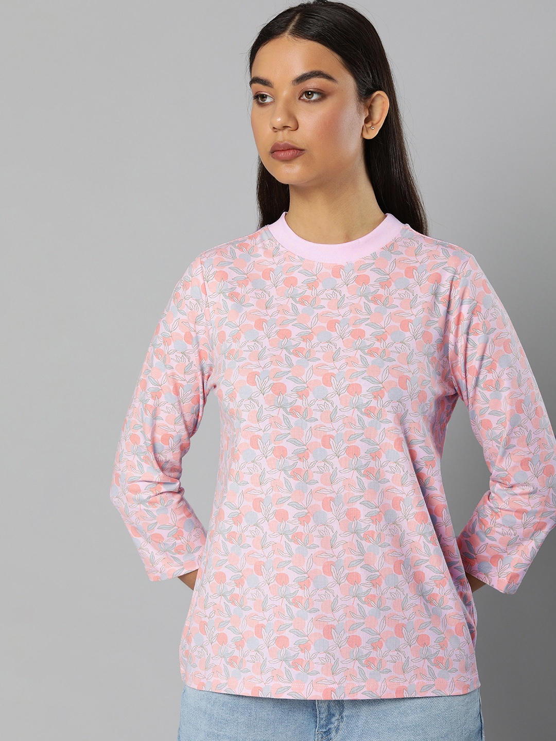 

ether Women Pink & Green Tropical Printed T-shirt