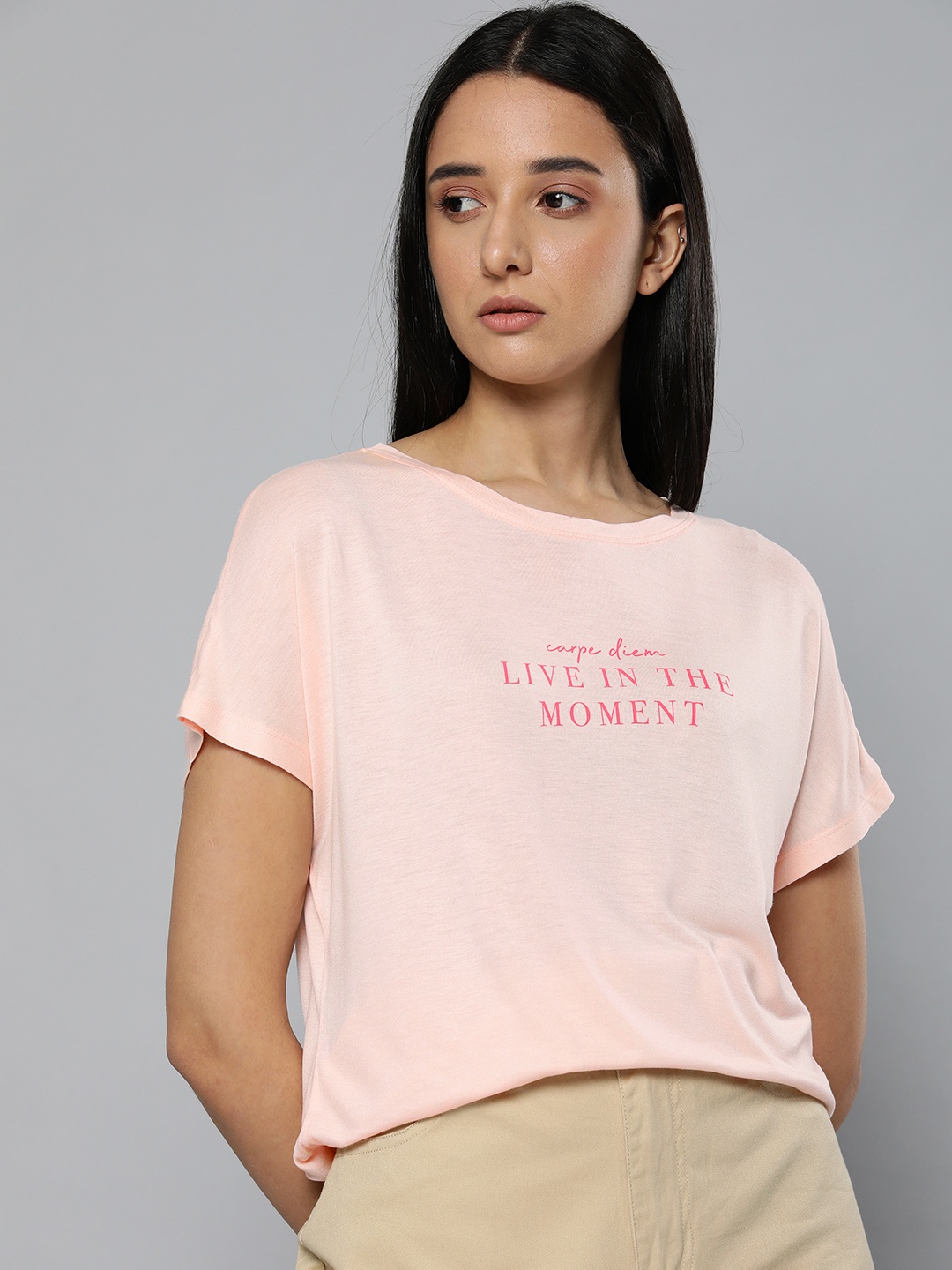 

ether Women Light Pink Typography Printed T-shirt