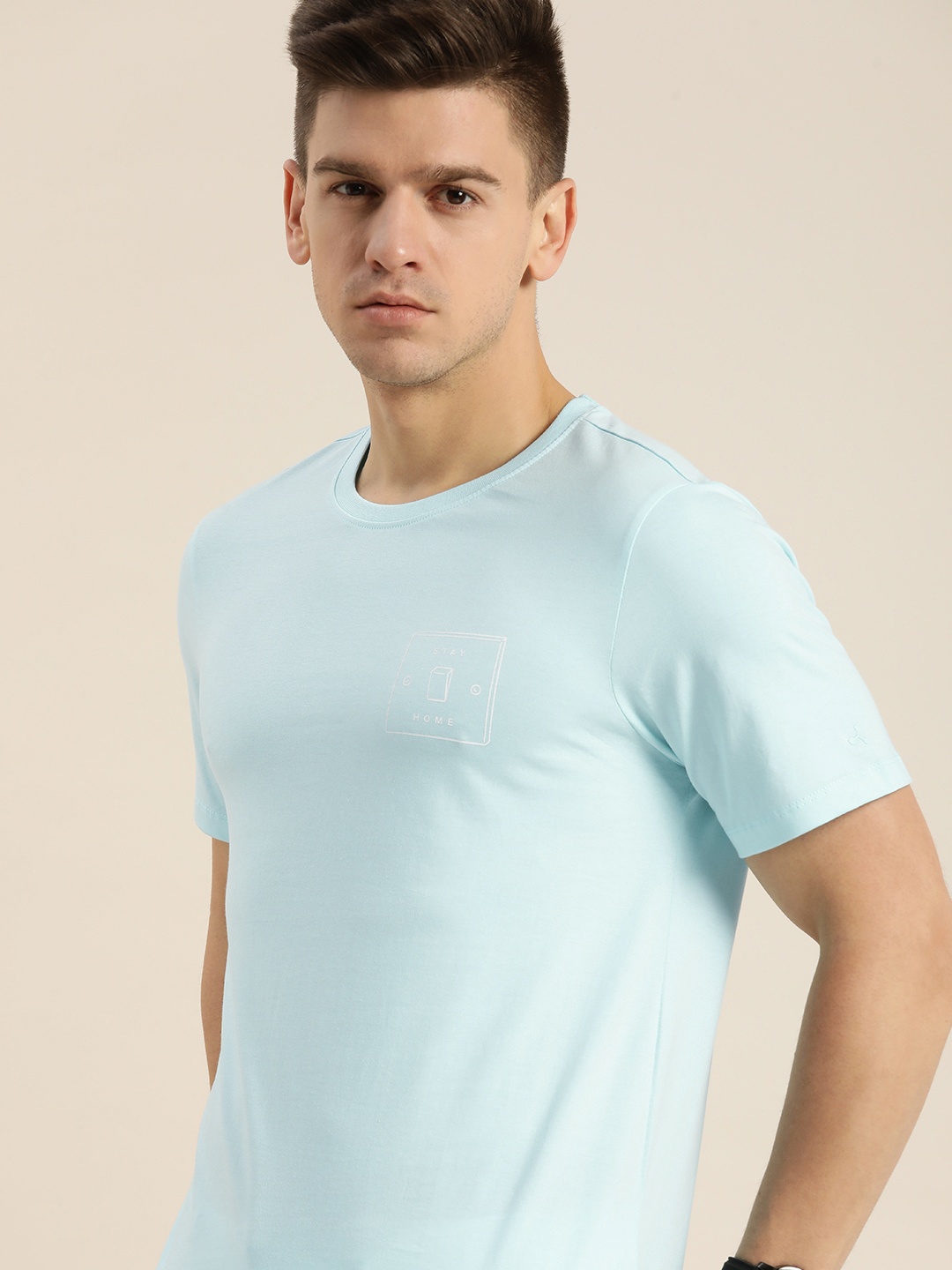 

ether Men Light Blue Graphic Printed Round-Neck Pure Cotton Casual T-shirt