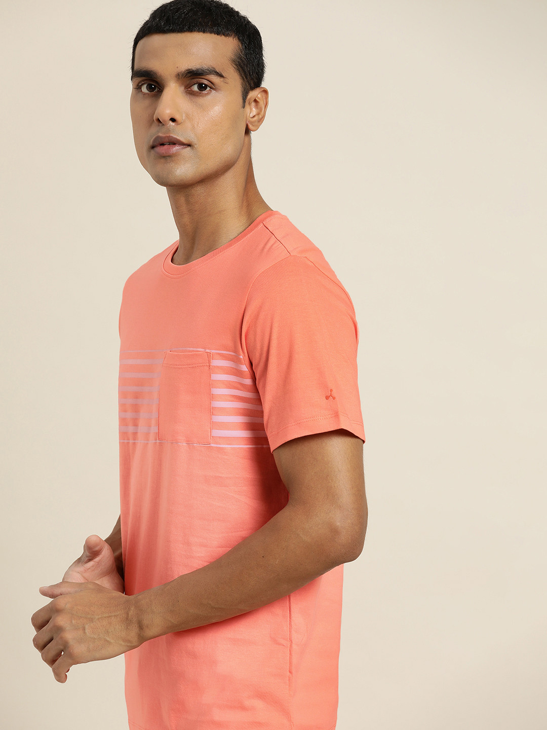 

ether Men Peach-Coloured Striped Pure Cotton T-shirt