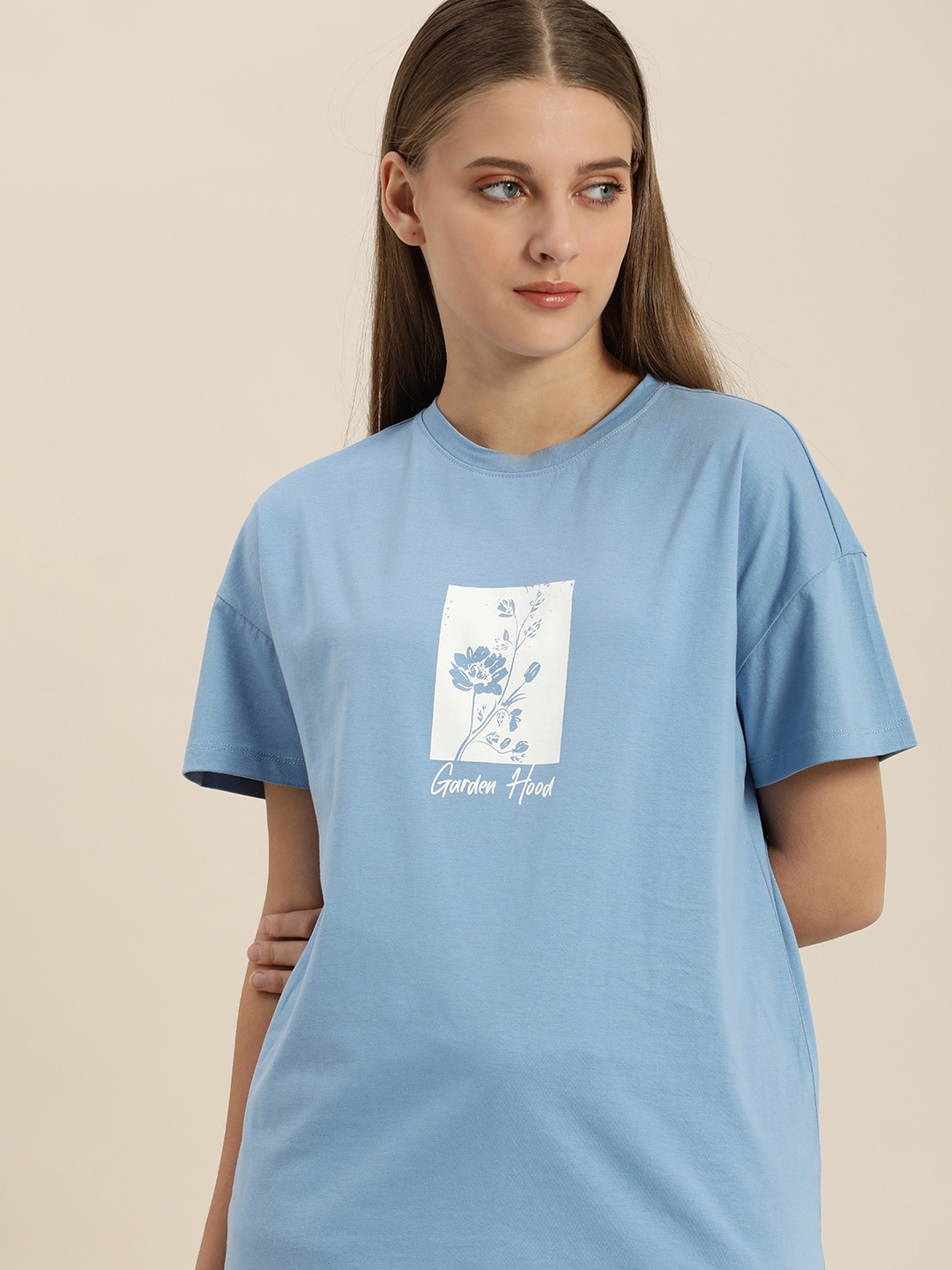 

ether Women Blue Floral Printed Drop-Shoulder Sleeves Pure Cotton T-shirt