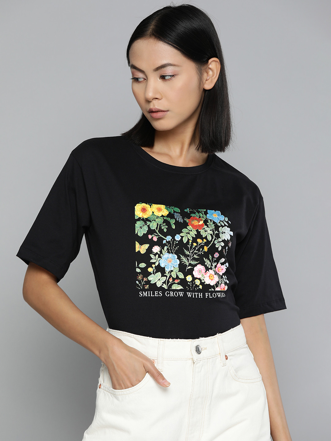 

ether Floral Printed Pure Cotton T-shirt, Black