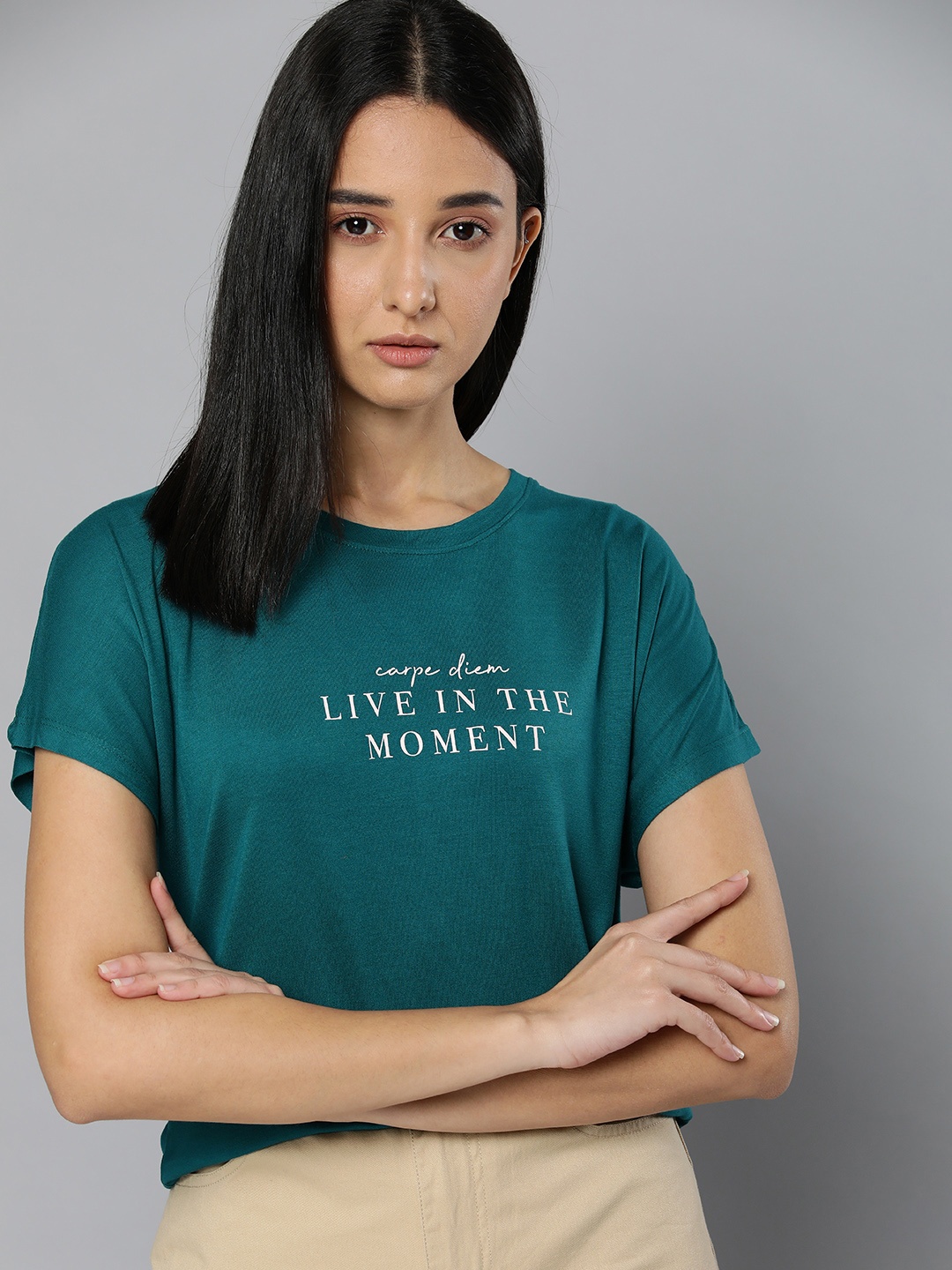

ether Women Teal Green Typography Printed T-shirt