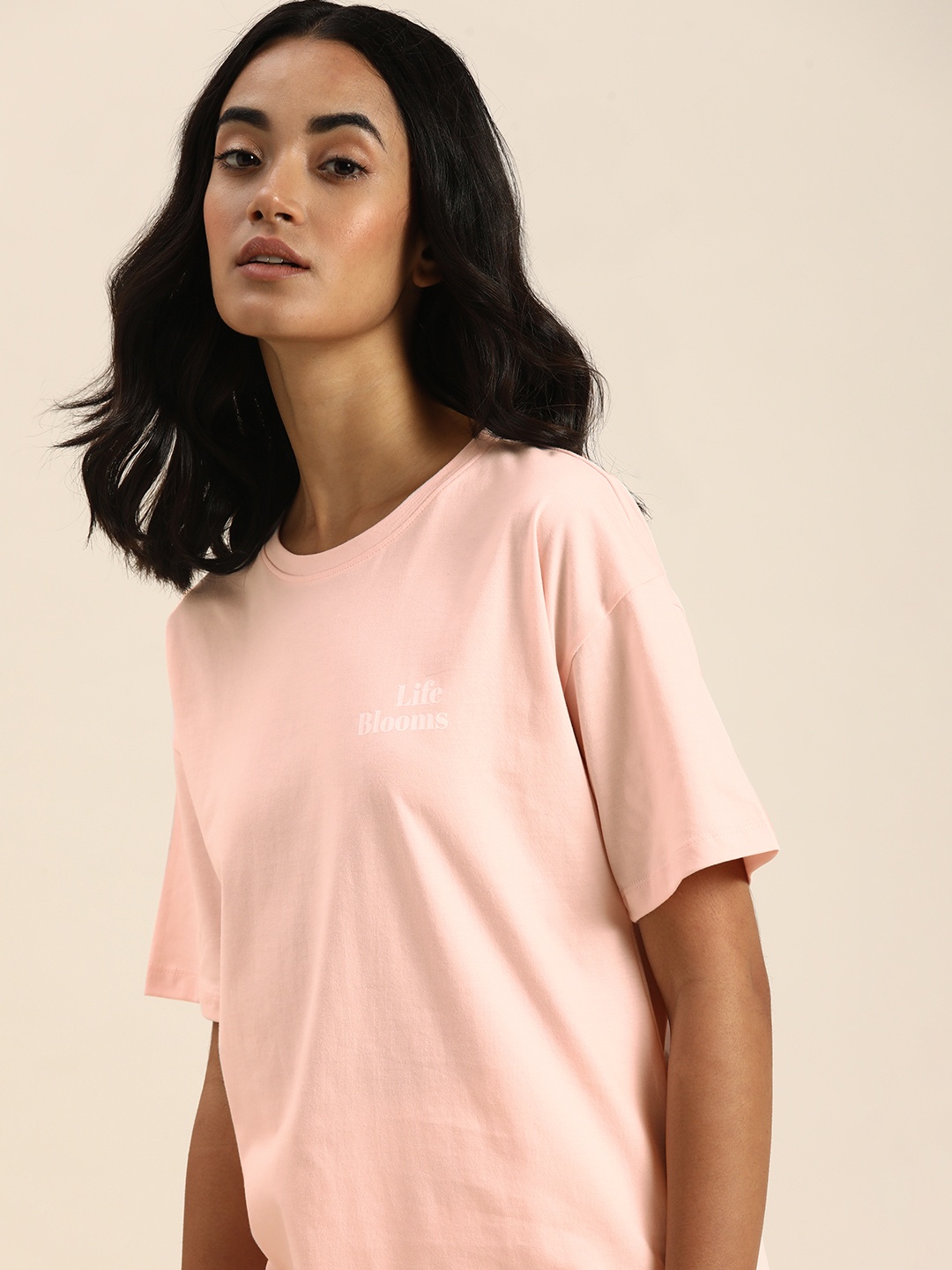 

ether Women Pink Typography Printed Drop-Shoulder Sleeves Pure Cotton T-shirt