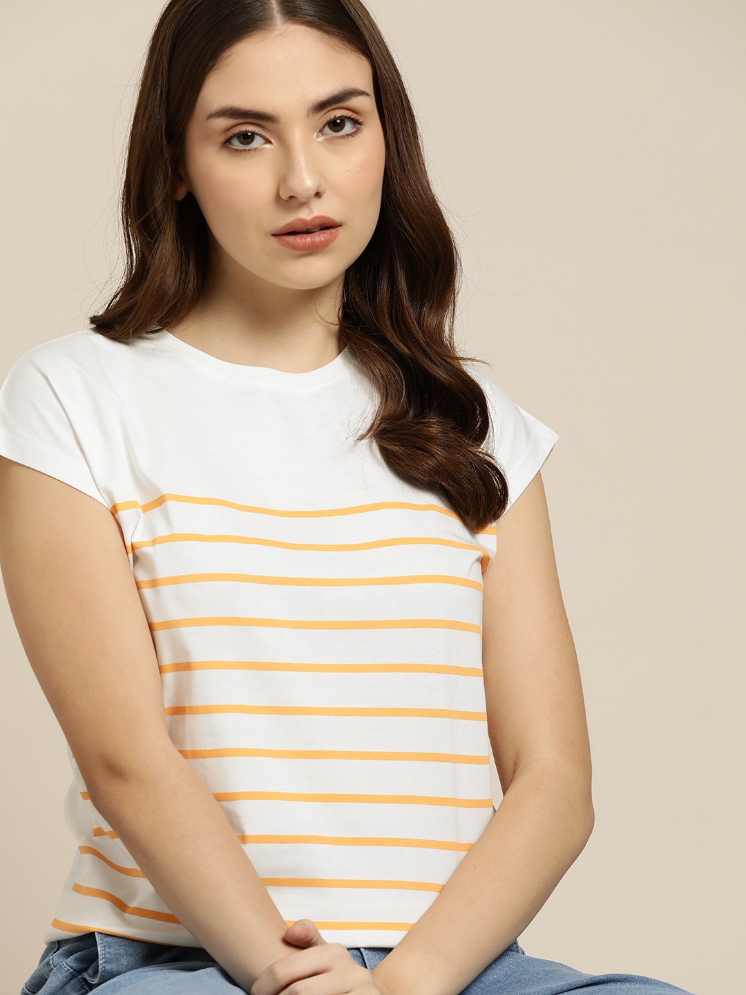 

ether Women White & Mustard Yellow Striped Extended Sleeves Pure Cotton T-shirt