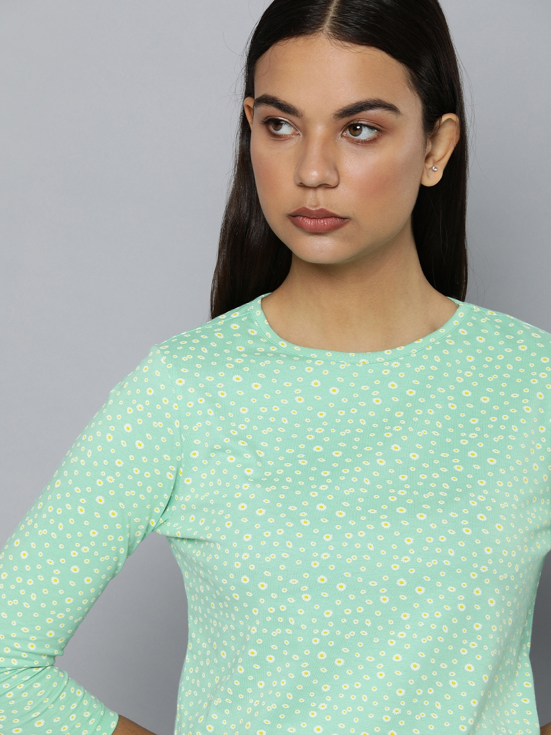 

ether Women Green Three-Quarter Sleeves Floral Printed T-shirt