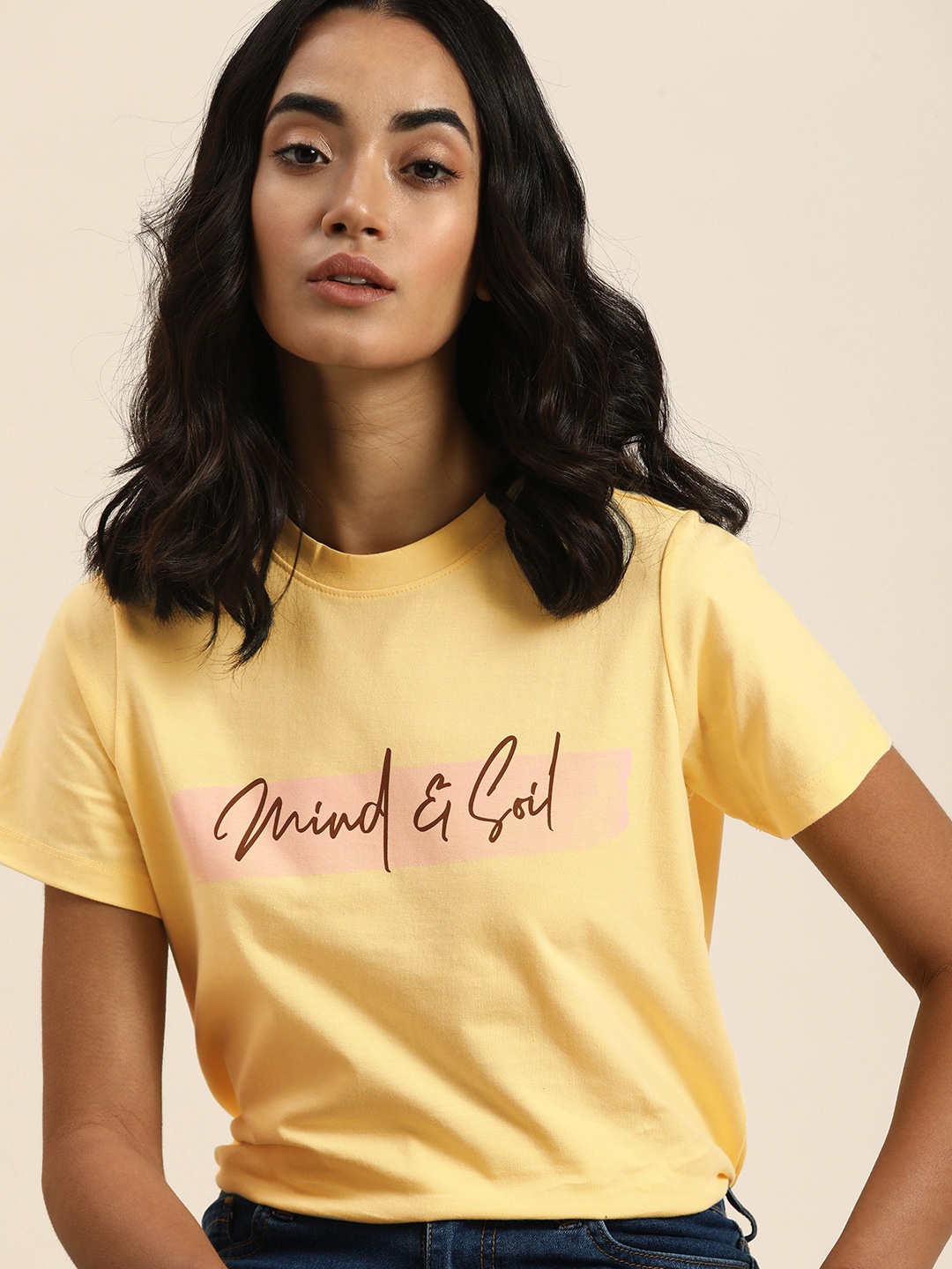 

ether Women Yellow Typography Printed Pure Cotton Casual T-shirt