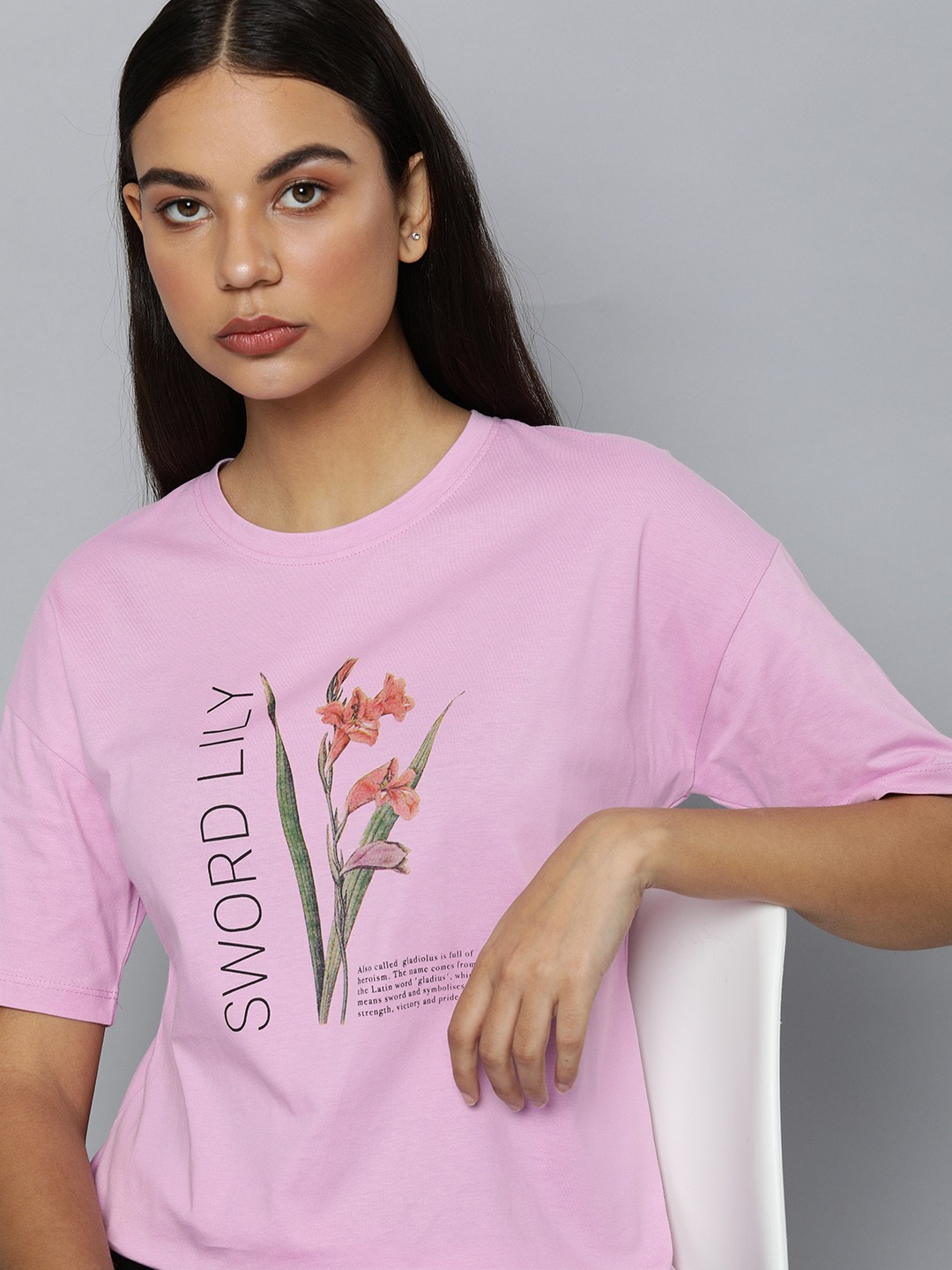 

ether Women Pink Pure Cotton Round Neck Three-Quarter Sleeves Floral Printed T-shirt