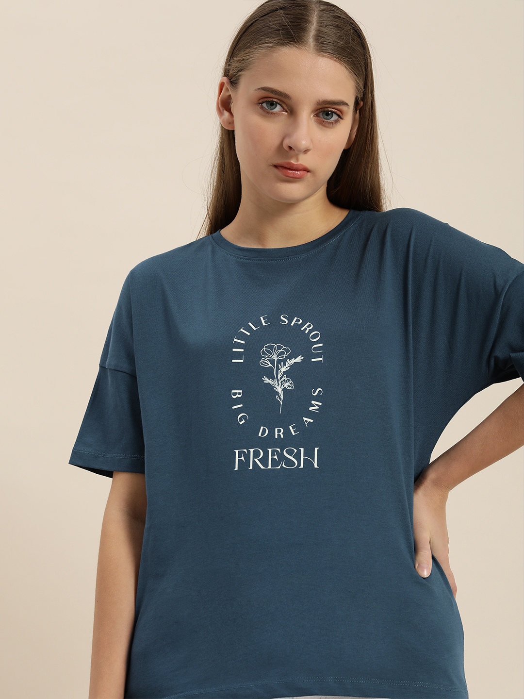 

ether Women Teal Typography Printed Drop-Shoulder Sleeves Pure Cotton T-shirt