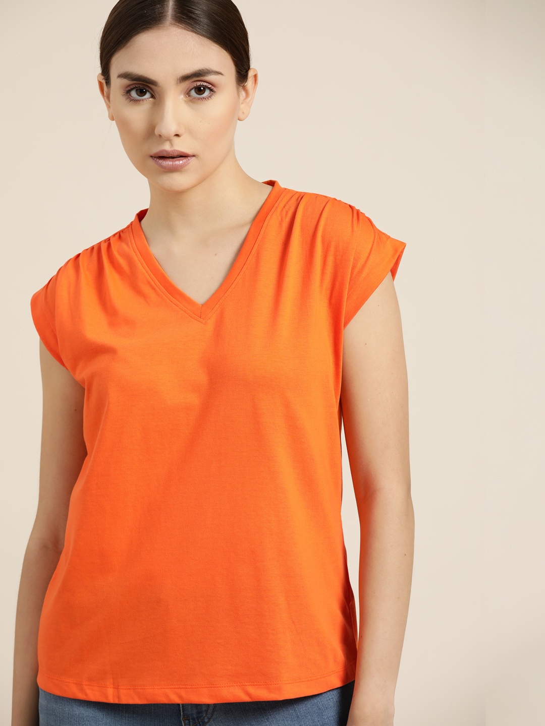 

ether Women Orange Solid Pure Cotton Top