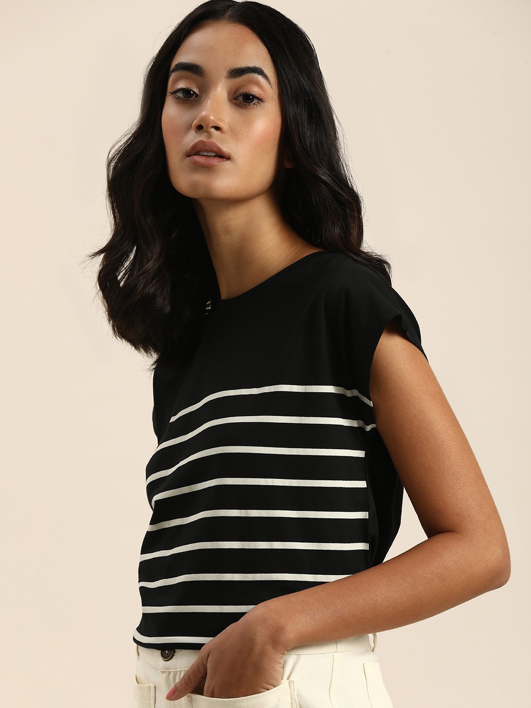 

ether Women Black & White Striped Pure Cotton T-shirt