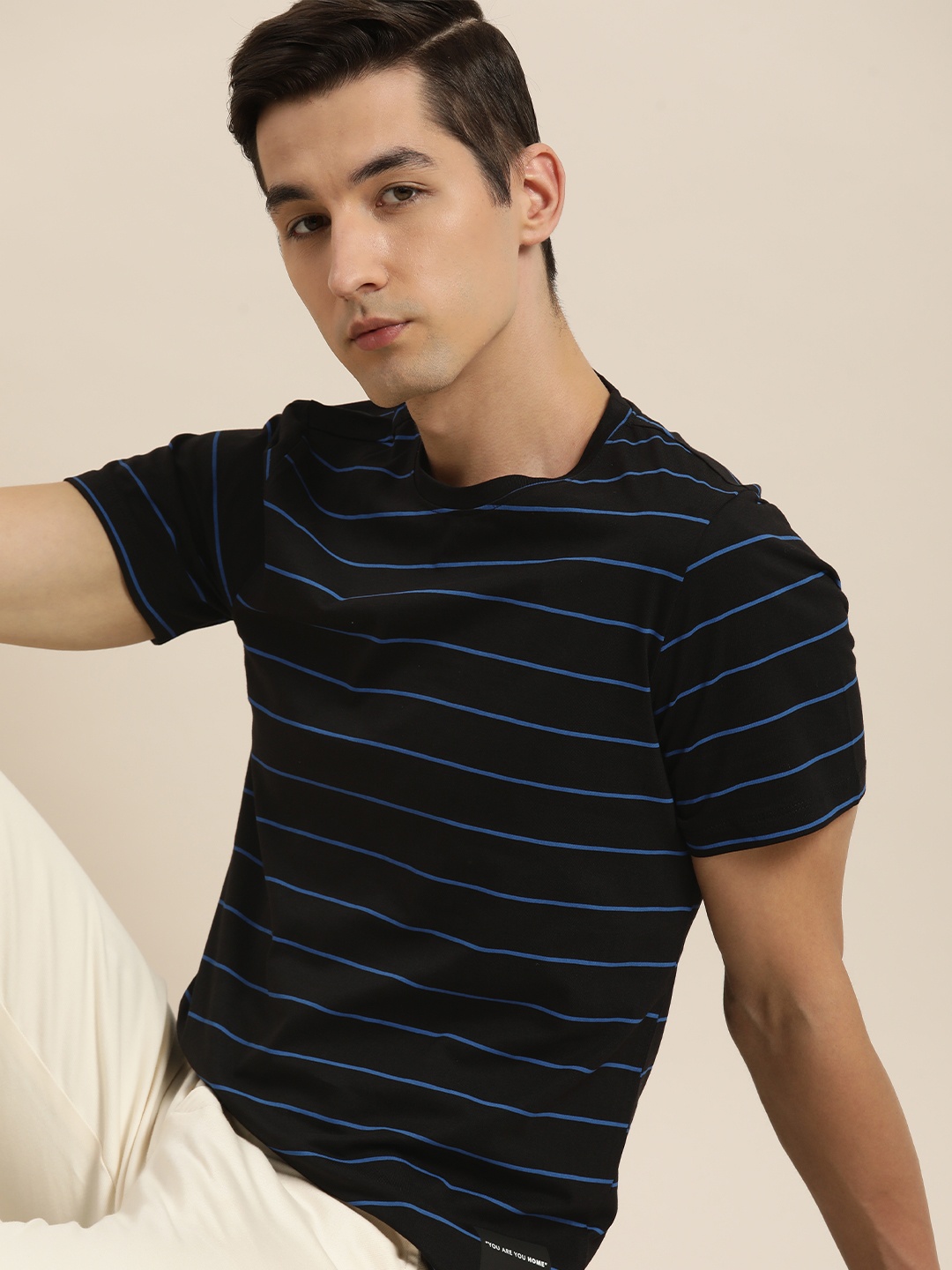 

ether Men Black & Blue Striped Pure Cotton T-shirt