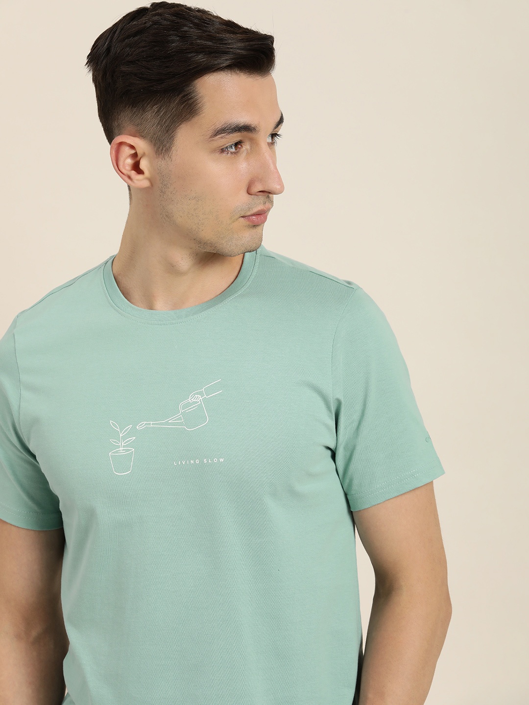 

ether Men Sea Green & White Printed Pure Cotton Casual T-shirt