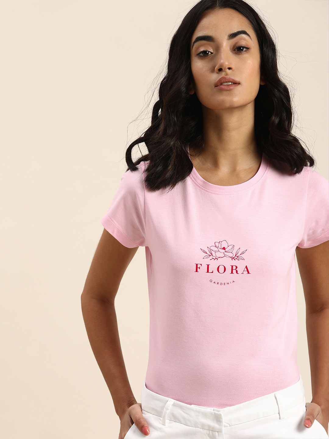 

ether Women Pink Floral Printed Pure Cotton Casual T-shirt