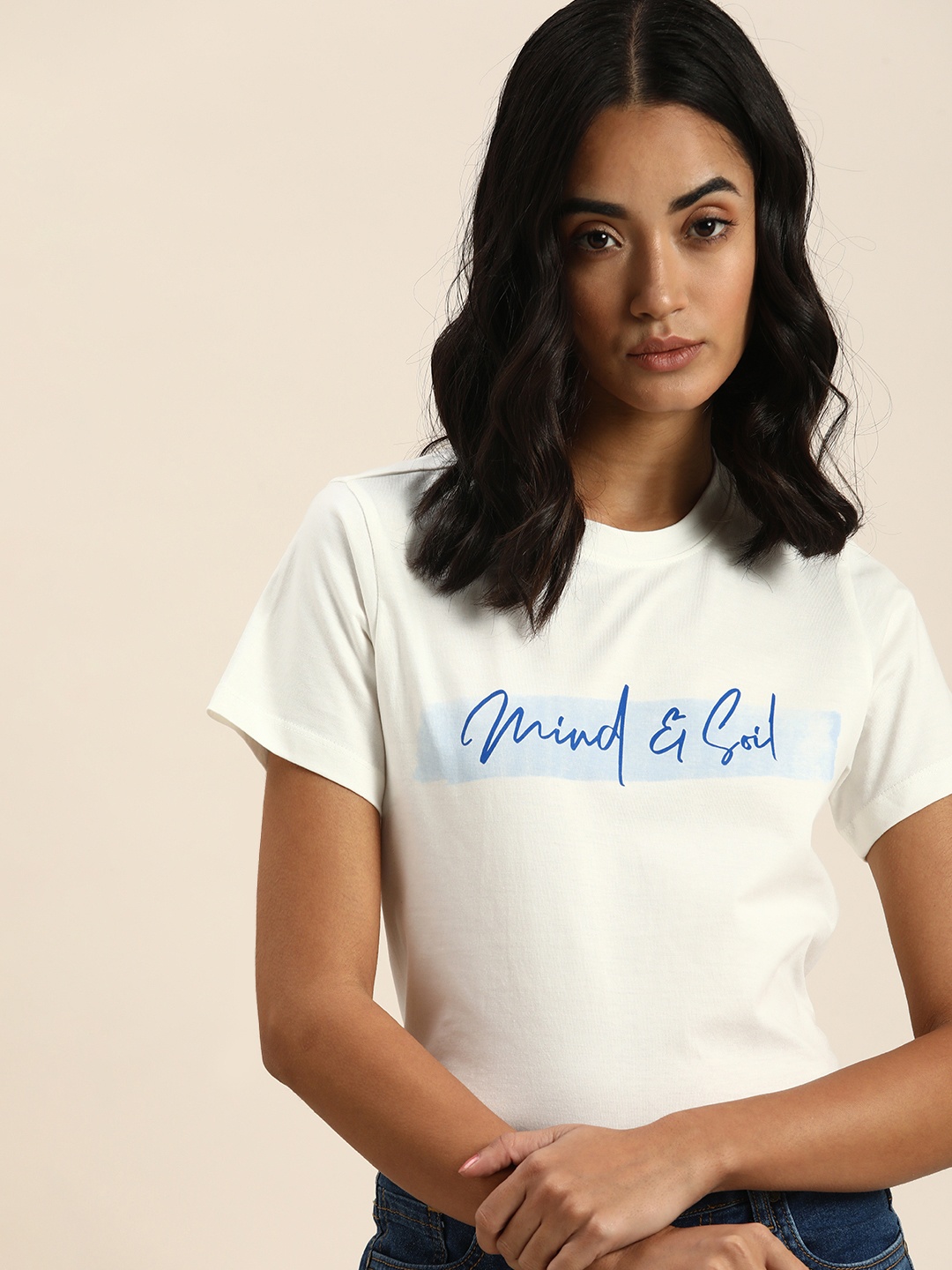 

ether Women White Typography Printed Pure Cotton T-shirt