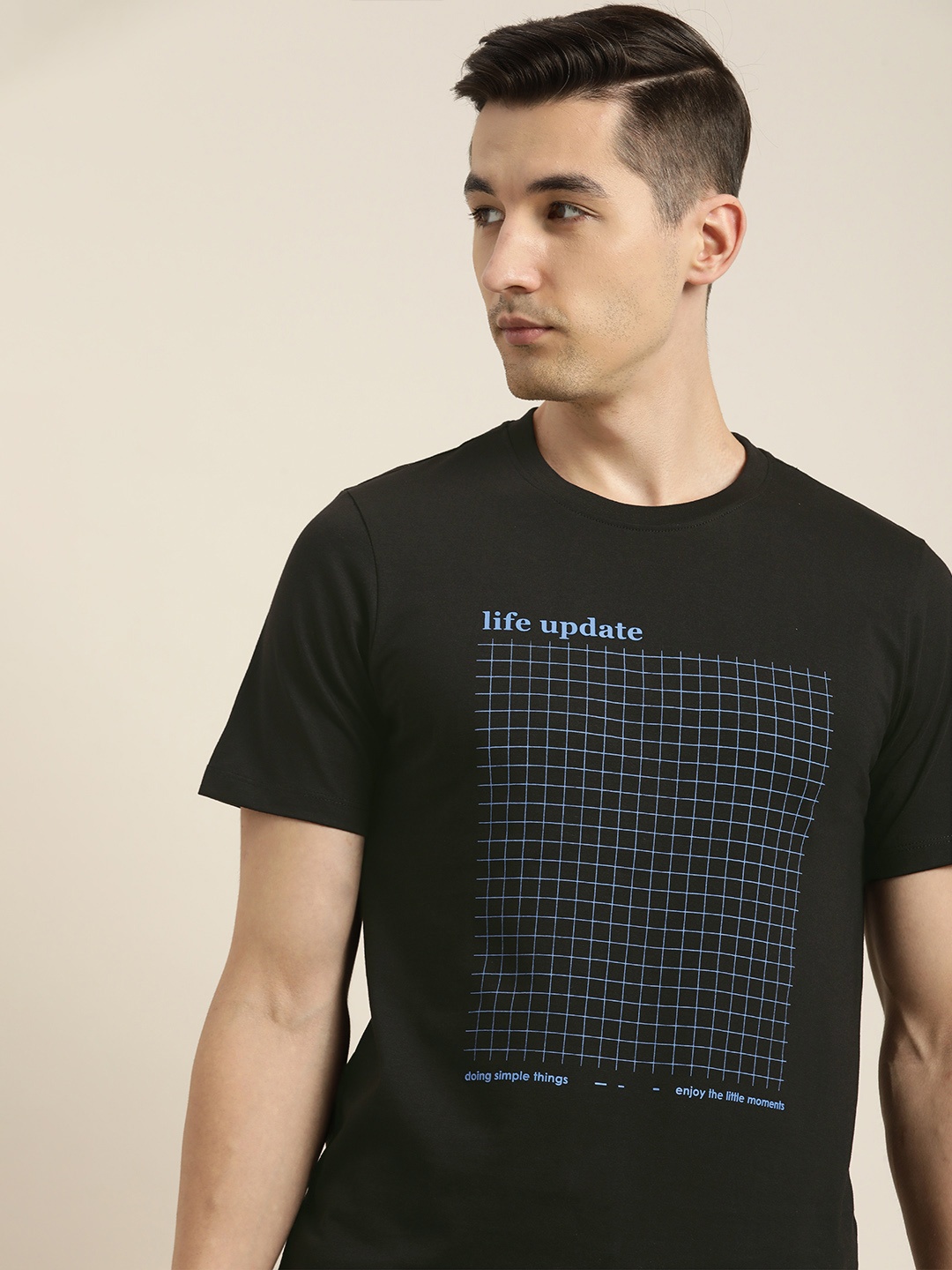 

ether Men Black & Blue Checked Pure Cotton T-shirt