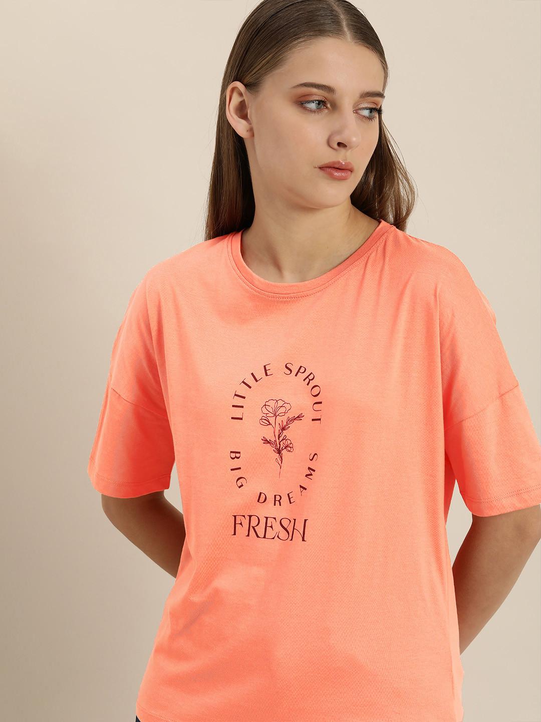 

ether Women Peach-Coloured Typography Printed Drop-Shoulder Sleeves Pure Cotton T-shirt