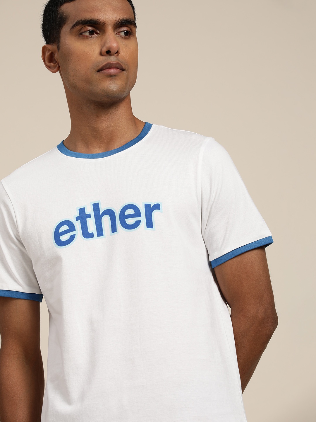 

ether Men White & Blue Brand Logo Printed Pure Cotton T-shirt