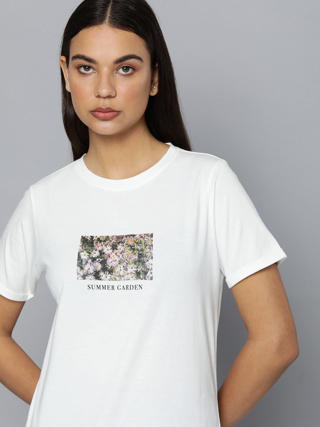 

ether Women White Pure Cotton Floral Printed Round Neck short Sleeves T-shirt