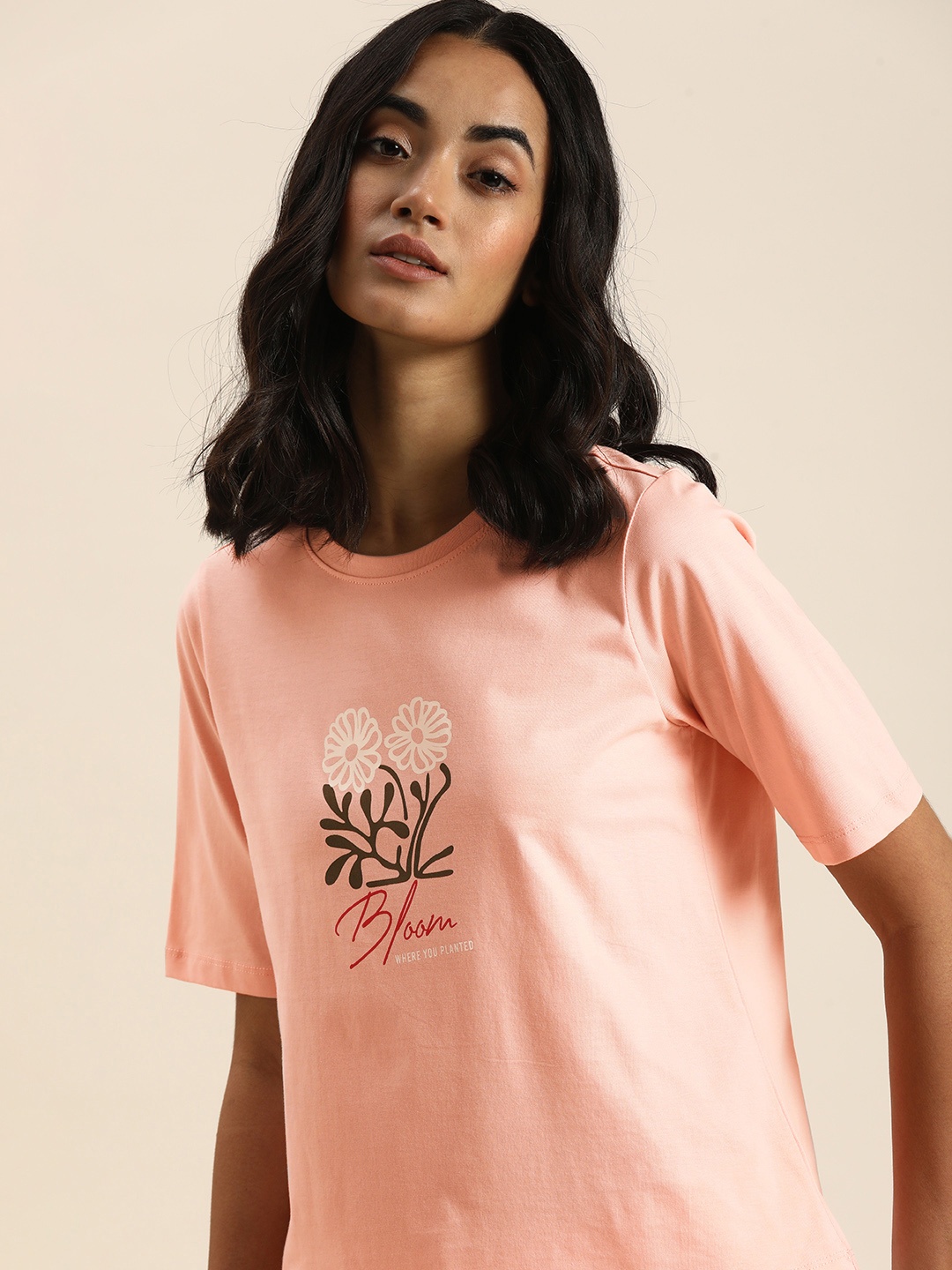 

ether Women Peach-Coloured Floral Printed Pure Cotton Casual T-shirt