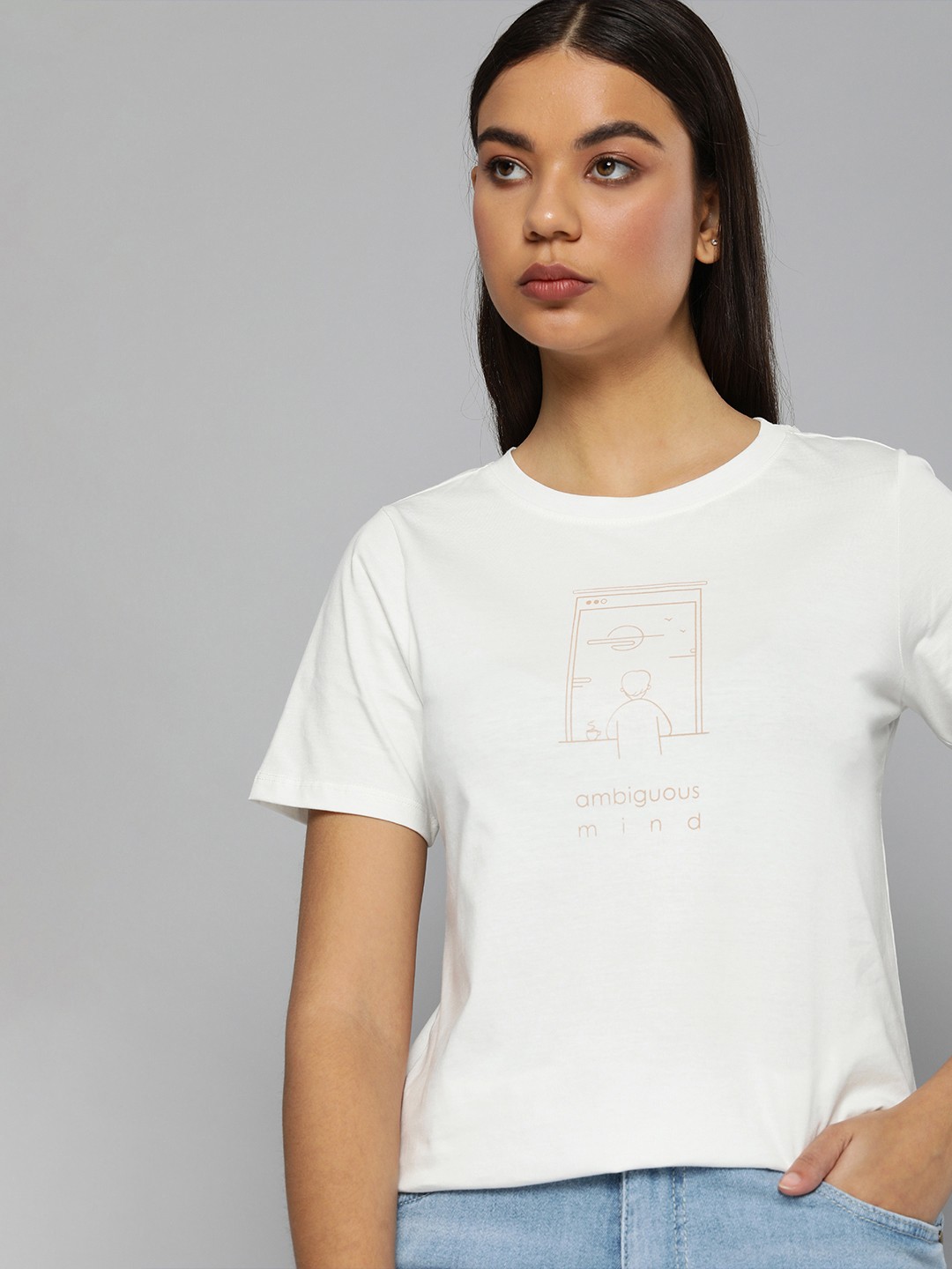 

ether Women White Printed Pure Cotton T-shirt