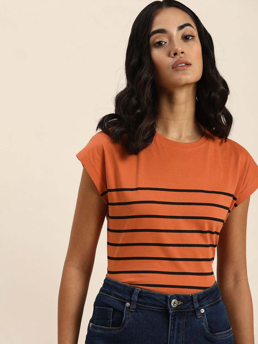 

ether Women Orange & Black Striped Pure Cotton Casual T-shirt