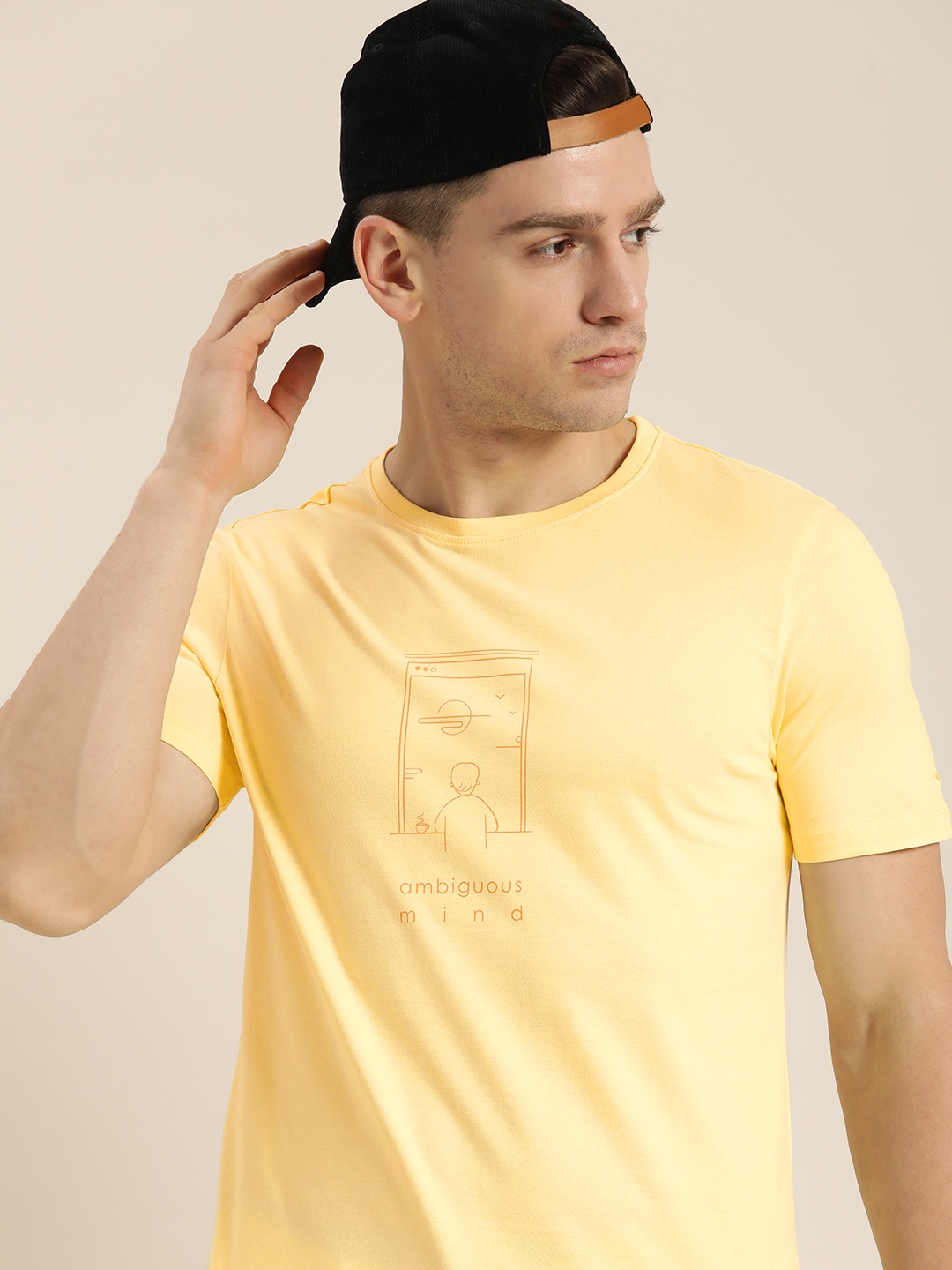 

ether Men Yellow Graphic Printed Round-Neck Pure Cotton Casual T-shirt