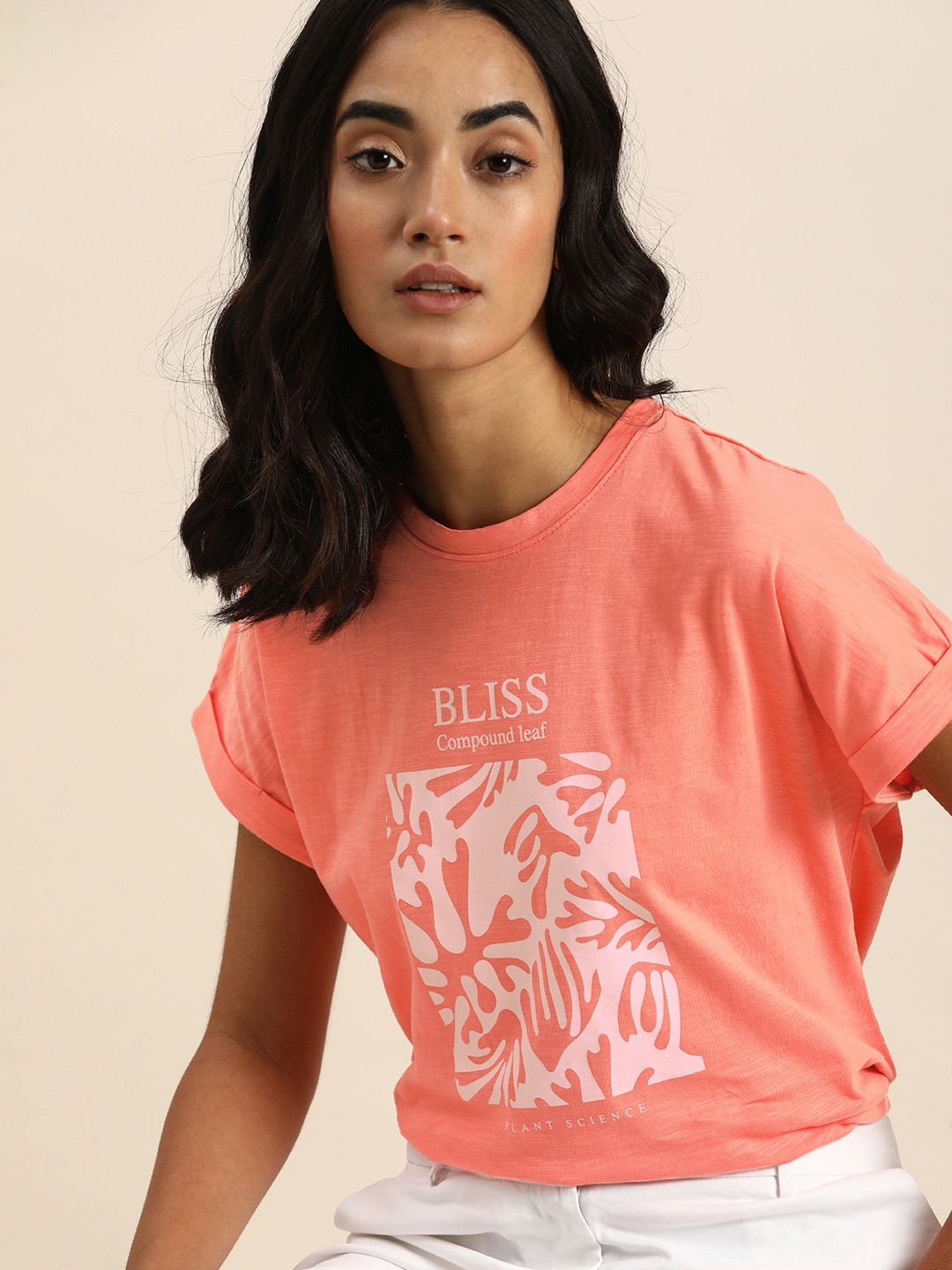 

ether Women Coral Orange Printed Pure Cotton T-shirt