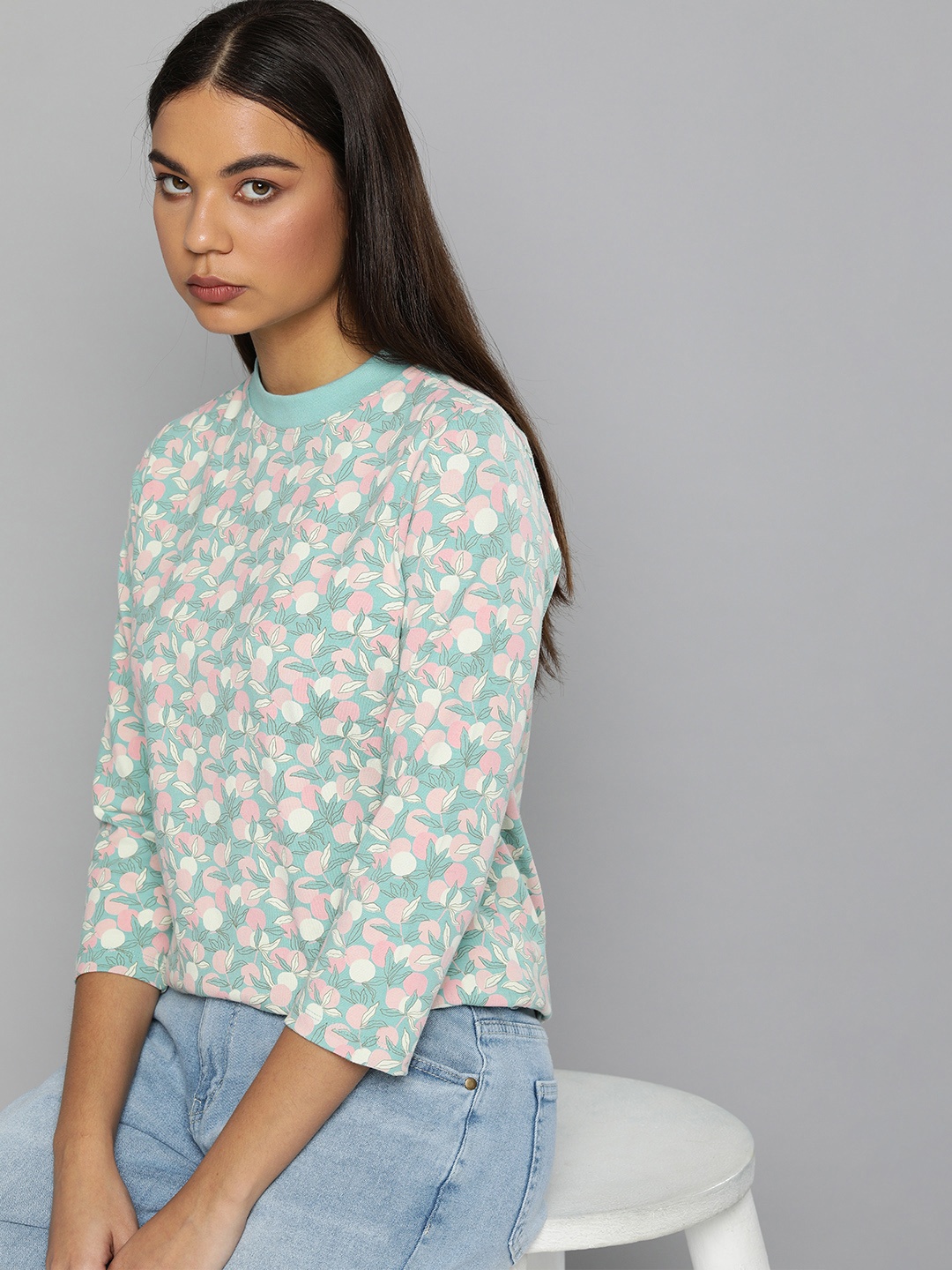 

ether Women Green & Pink Tropical Printed T-shirt