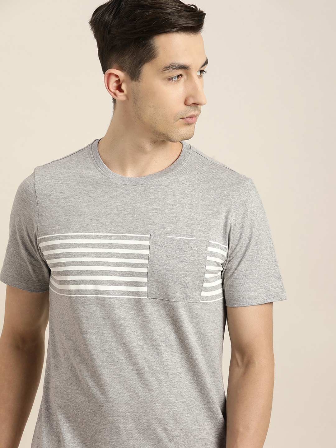 

ether Men Grey & White Striped Pure Cotton T-shirt