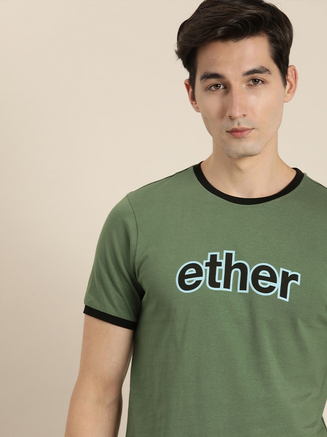 

ether Men Green Brand Logo Printed Pure Cotton T-shirt