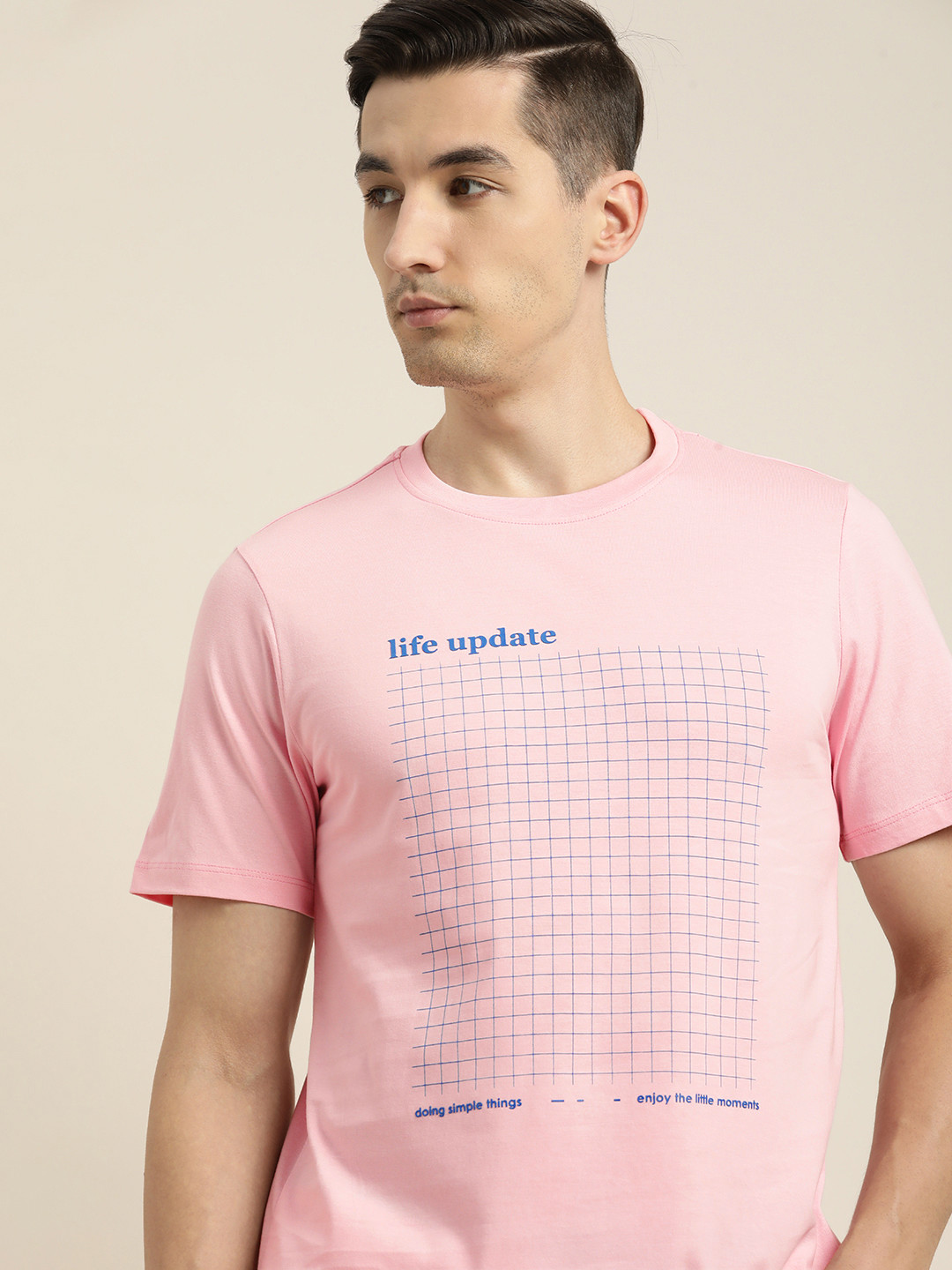 

ether Men Pink & Blue Checked Pure Cotton T-shirt