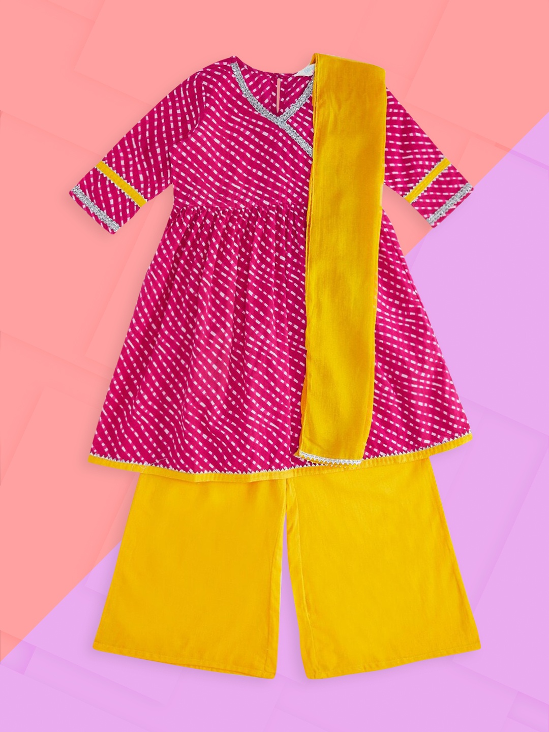 

AKKRITI BY PANTALOONS Girls Fuchsia Printed Angrakha Pure Cotton Kurti with Palazzos & With Dupatta