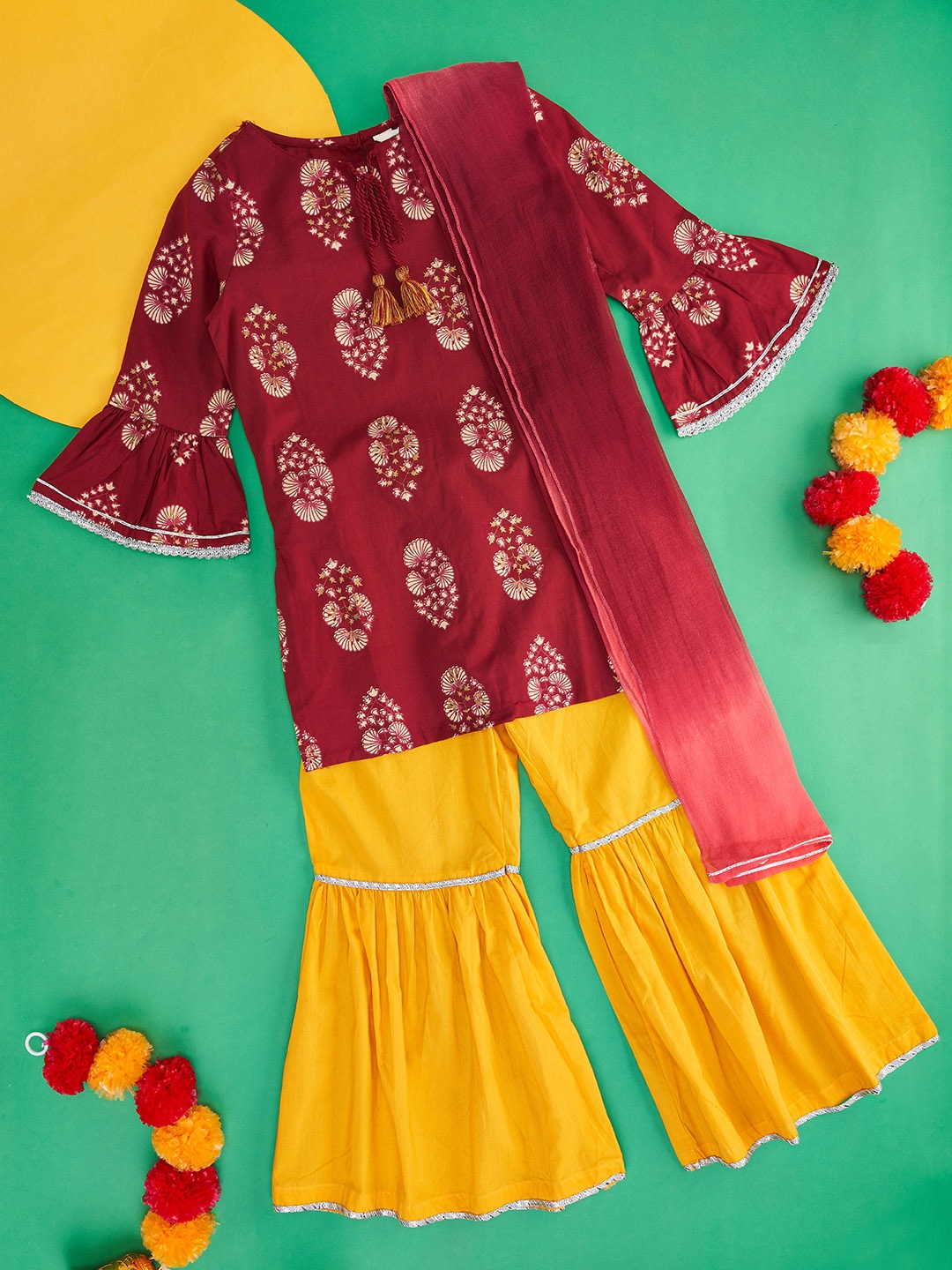 

AKKRITI BY PANTALOONS Girls Maroon Ethnic Motifs Pure Cotton Kurti with Sharara & Dupatta