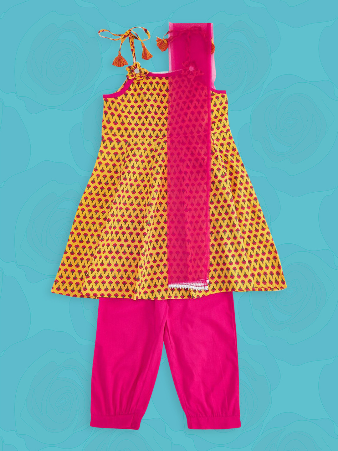

AKKRITI BY PANTALOONS Girls Mustard Yellow Printed Pleated Pure Cotton Kurti with Trousers & With Dupatta