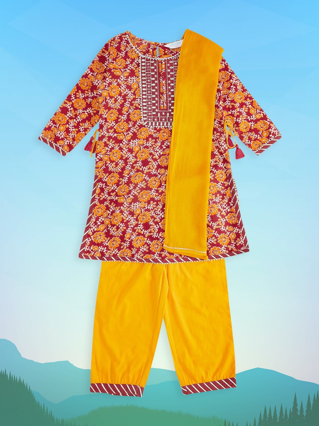 

AKKRITI BY PANTALOONS Girls Red Ethnic Motifs Pure Cotton Kurti with Palazzos & Dupatta