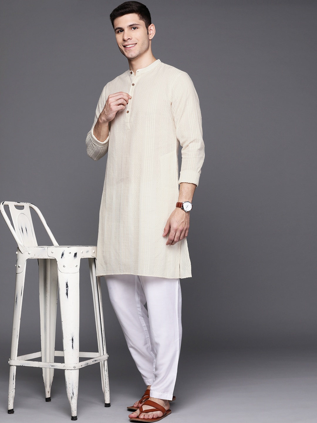 

Indo Era Men Off White Woven Design Kurta