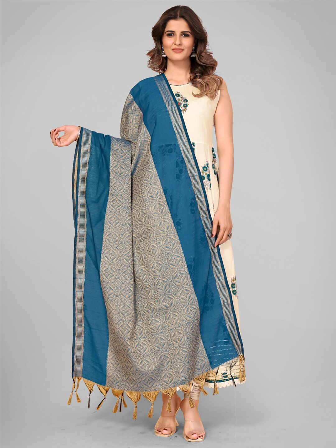 

Vbuyz Grey & Blue Ethnic Motifs Woven Design Art Silk Dupatta