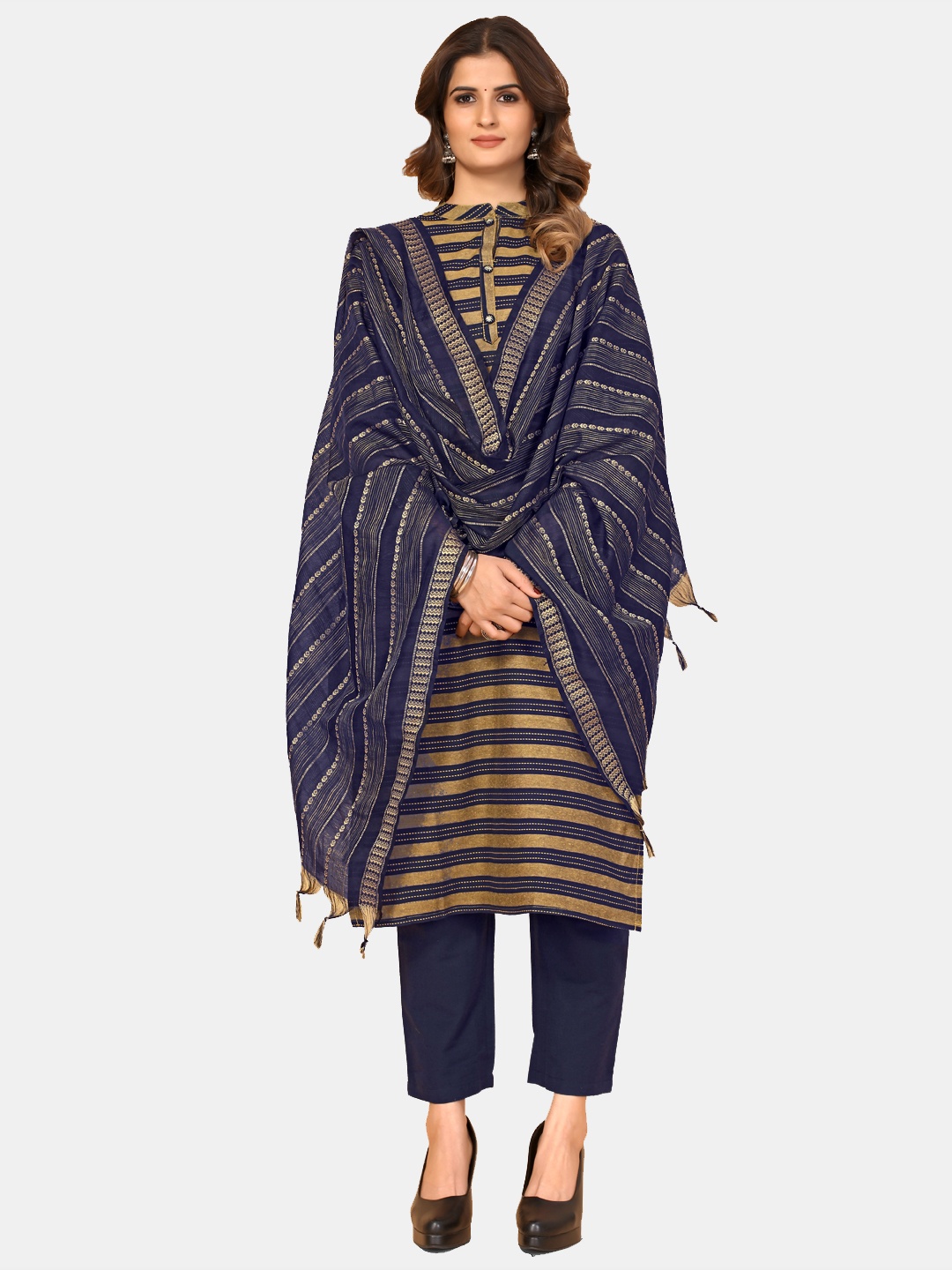 

Vbuyz Women Navy Blue & Gold-Toned Woven Design Striped Art Silk Dupatta